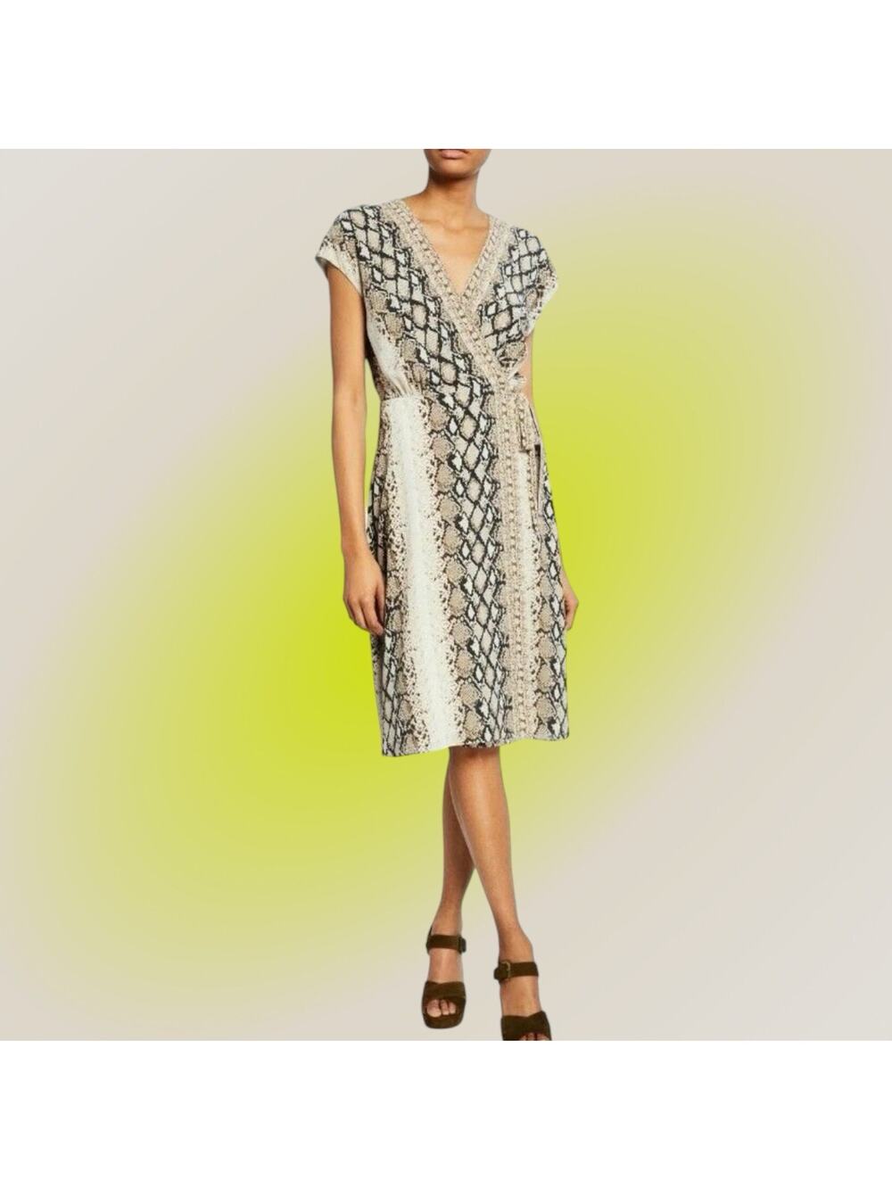Joie True Wrap Dress Snake Python Tan Beige Bethwyn Midi Womens XL 12